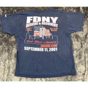 FDNY 9/11 Rescue Recovery Tee 10th Anniversary Memorial Shirt Navy L/XL USA